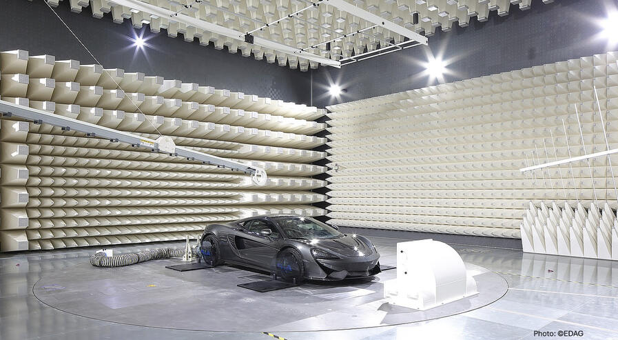 Car in EMC chamber with antennas