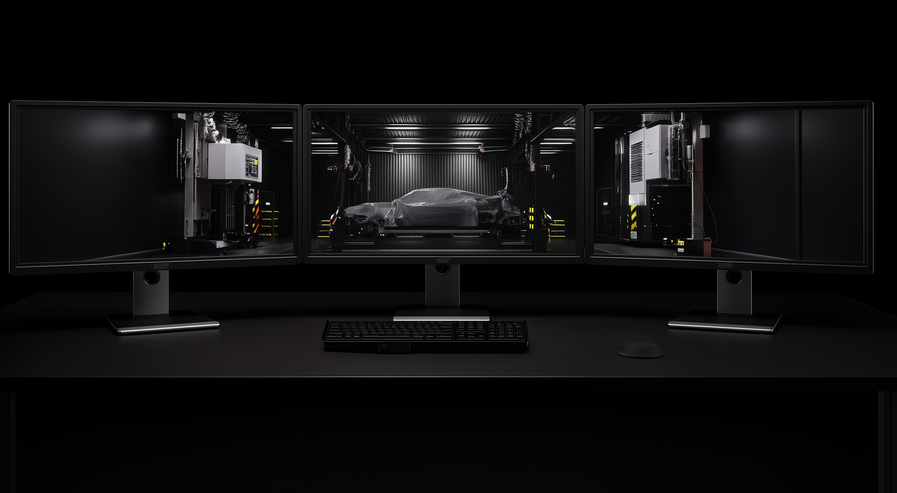 Drei Monitore mit Prüfstand